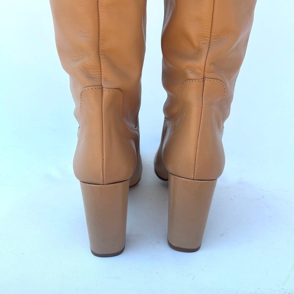 Zara Leather Knee-High Tall Chunky Heel Boots Camel Tan 41 Size 11 - Picture 5 of 9